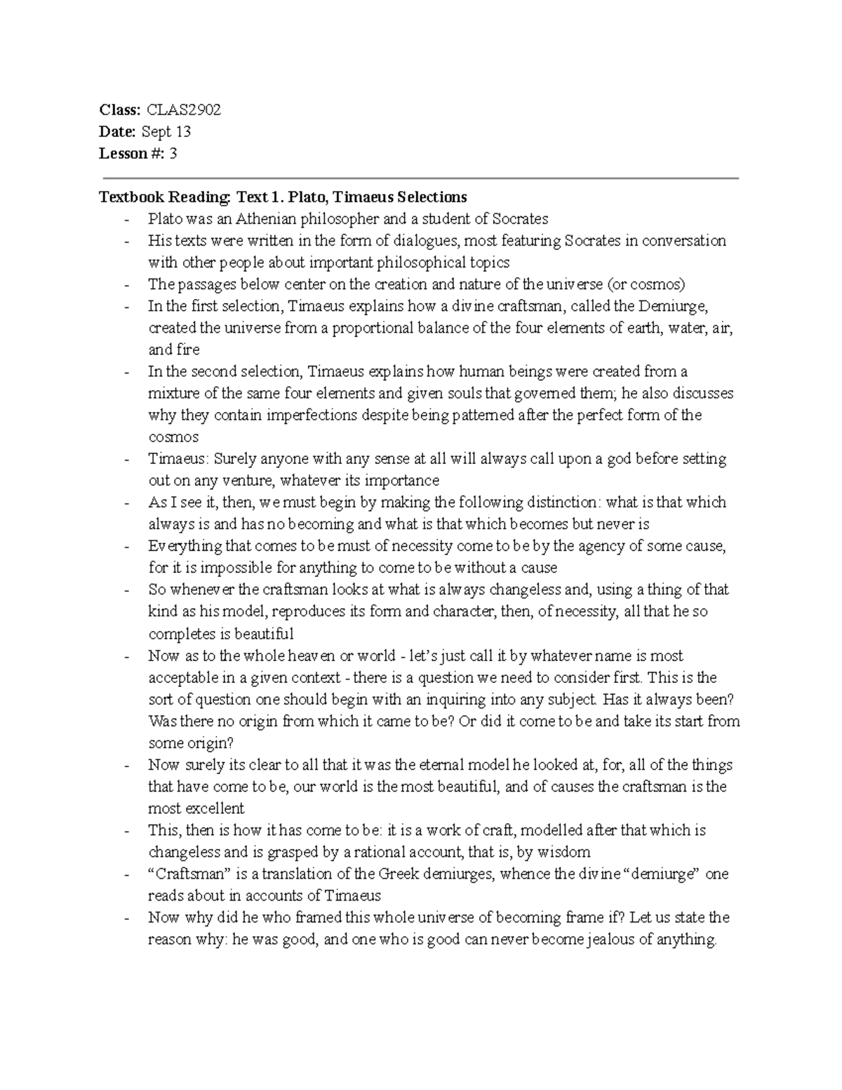 CLAS Week 3 Lecture Notes on Plato's Timaeus and Healing Deities - Studocu