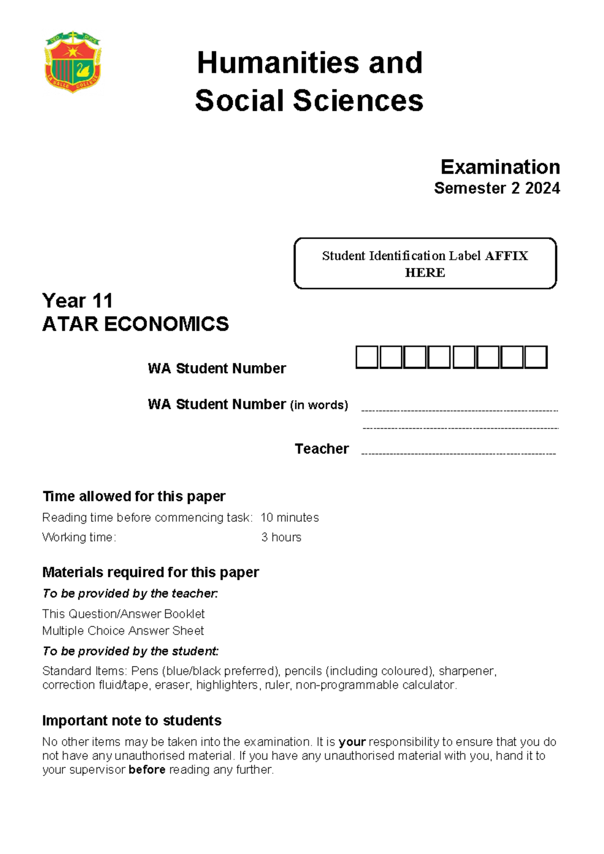 Year 11 ATAR Economics Semester 2 2024 Exam Guidelines and Structure ...
