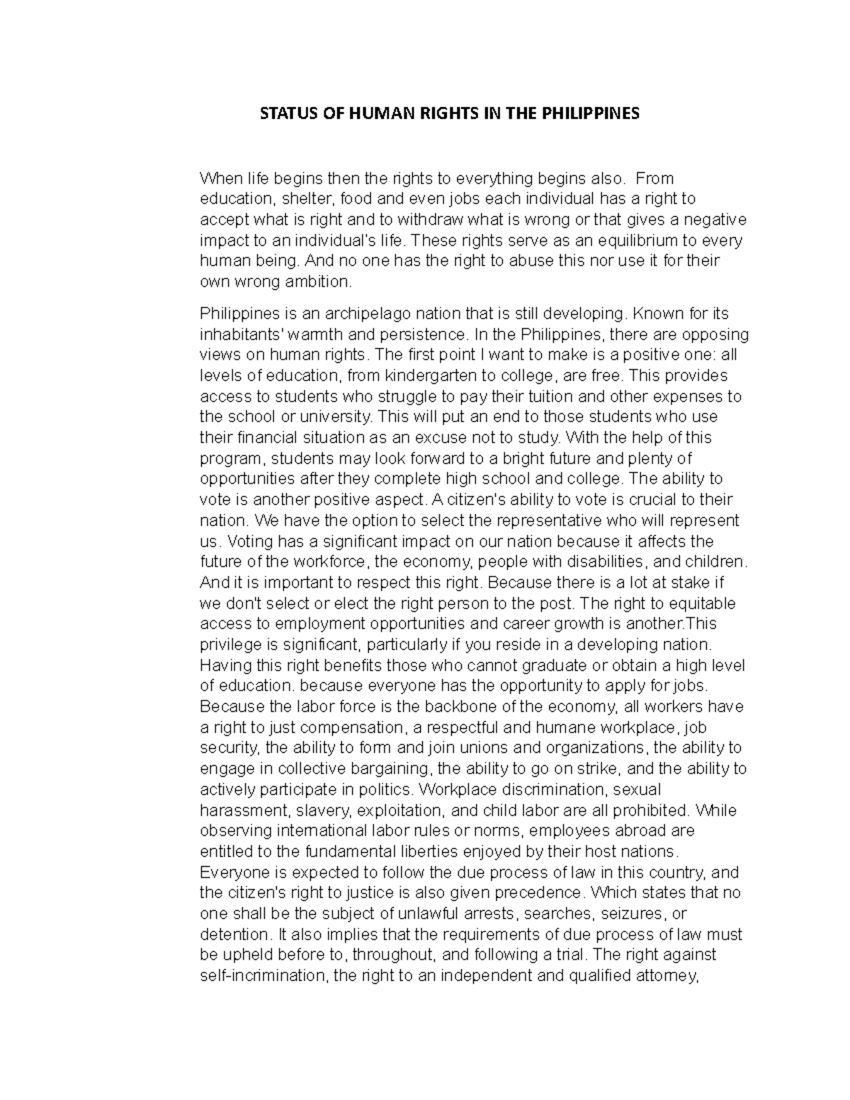 Status OF Human Rights IN THE Philippines - STATUS OF HUMAN RIGHTS IN ...