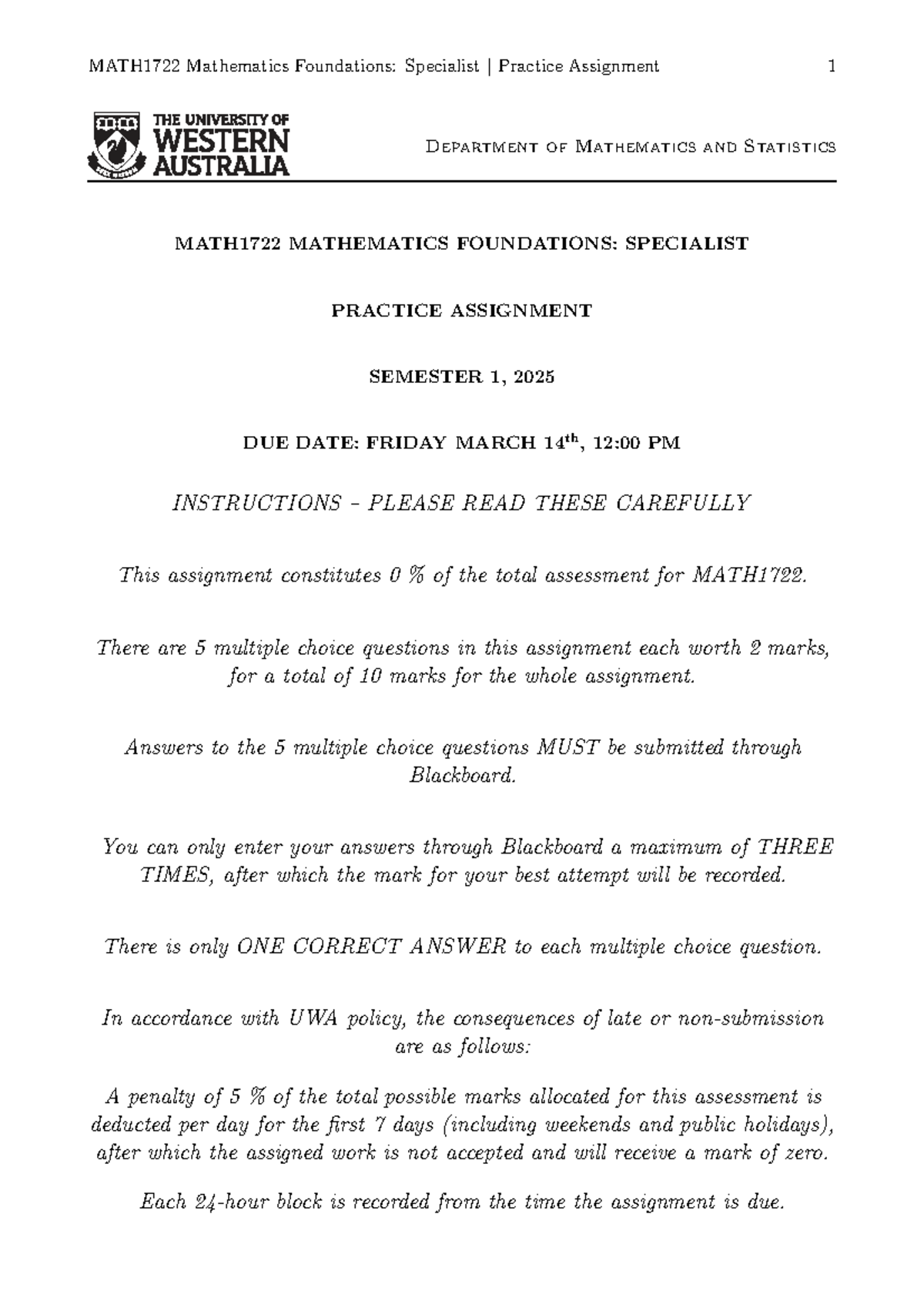 MATH1722 Mathematics Foundations: Specialist Practice Assignment 1 ...