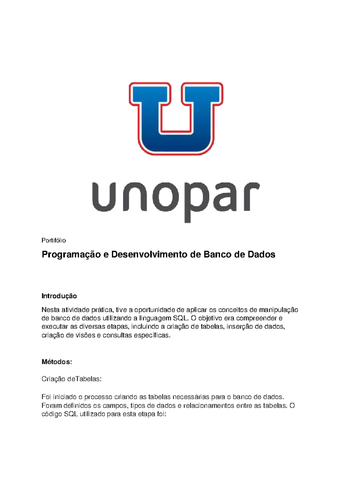 Portfólio: Programação e Desenvolvimento de Banco de Dados SQL - Studocu