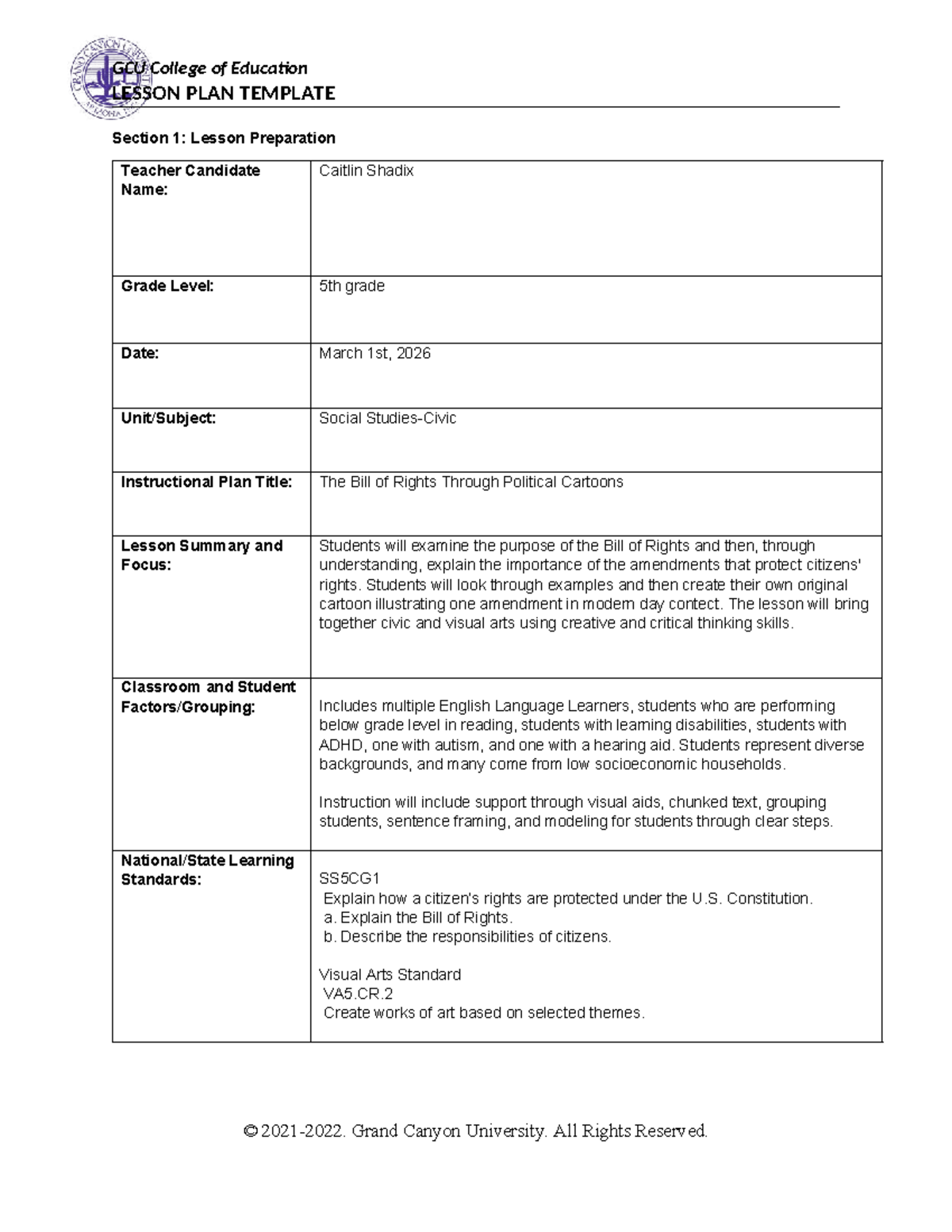 GCU College of Education LESSON PLAN: The Bill of Rights & Political ...