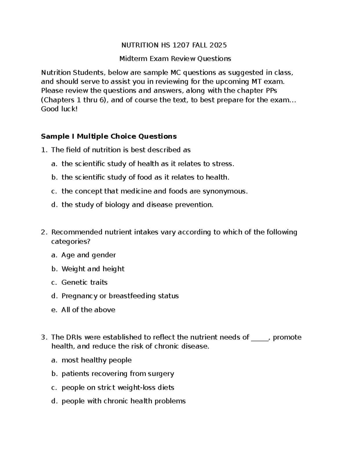 Nutrition HS 1207 Fall 2025 Midterm Exam Review & Study Guide - Studocu