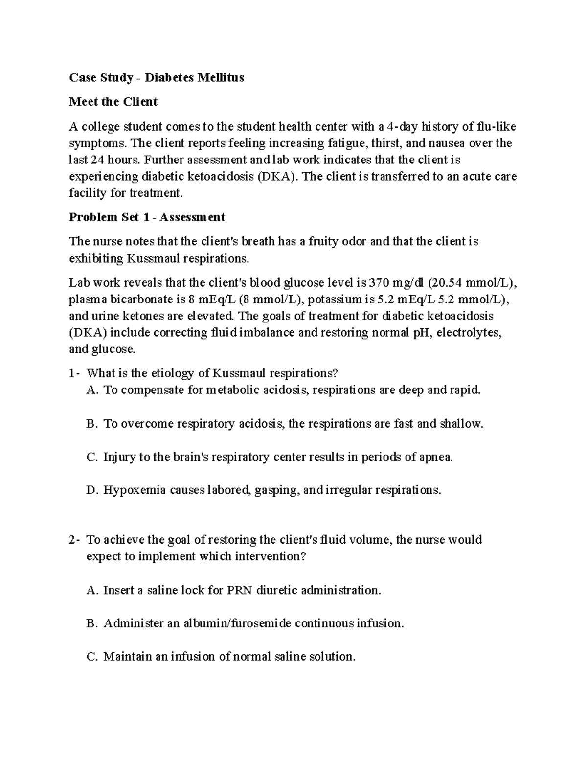 Case Study - Diabetes Mellitus: Understanding DKA Management (NUR121 ...