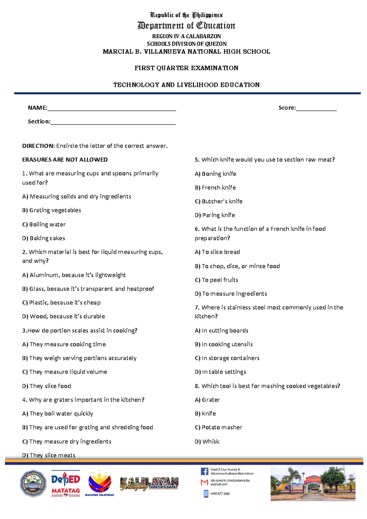 G8 TLE First Quarter Examination Questions and Answers - Studocu