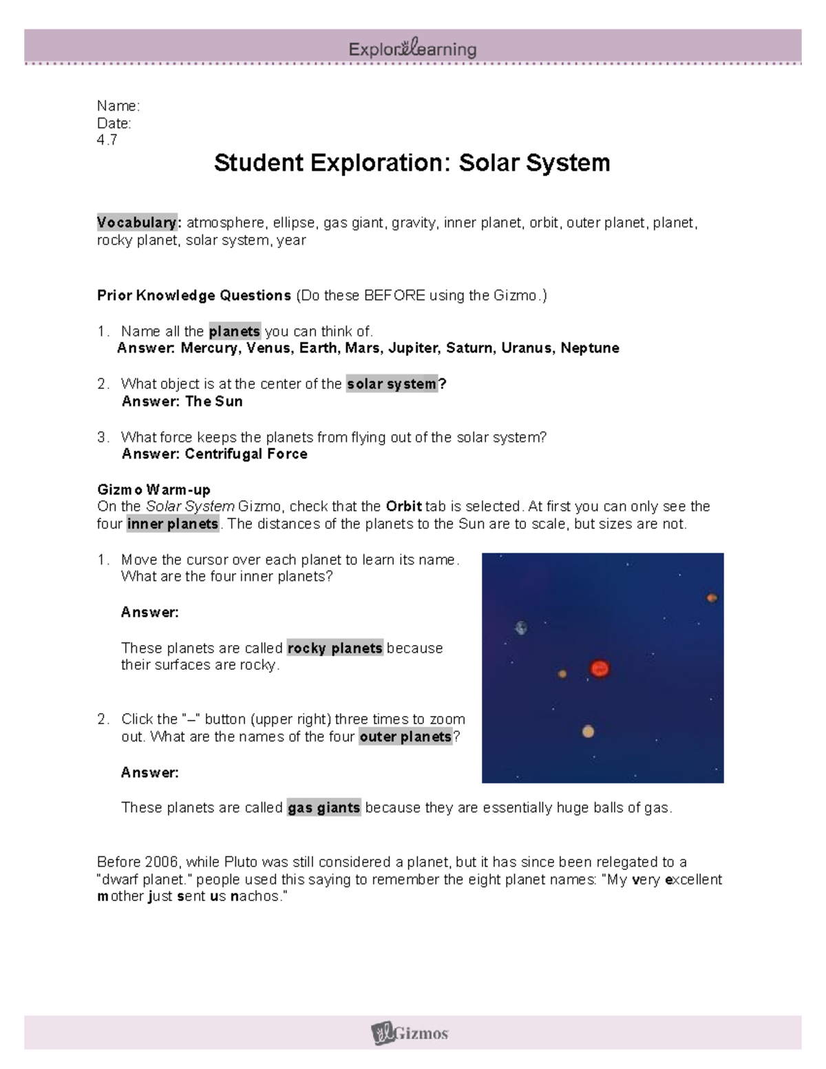 Student Exploration: Solar System Activity & Planet Orbits Guide - Studocu