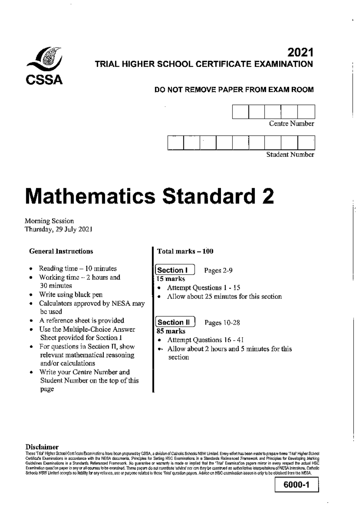 CSSA Mathematics Standard 2 2021 Trial Exam Paper - Studocu