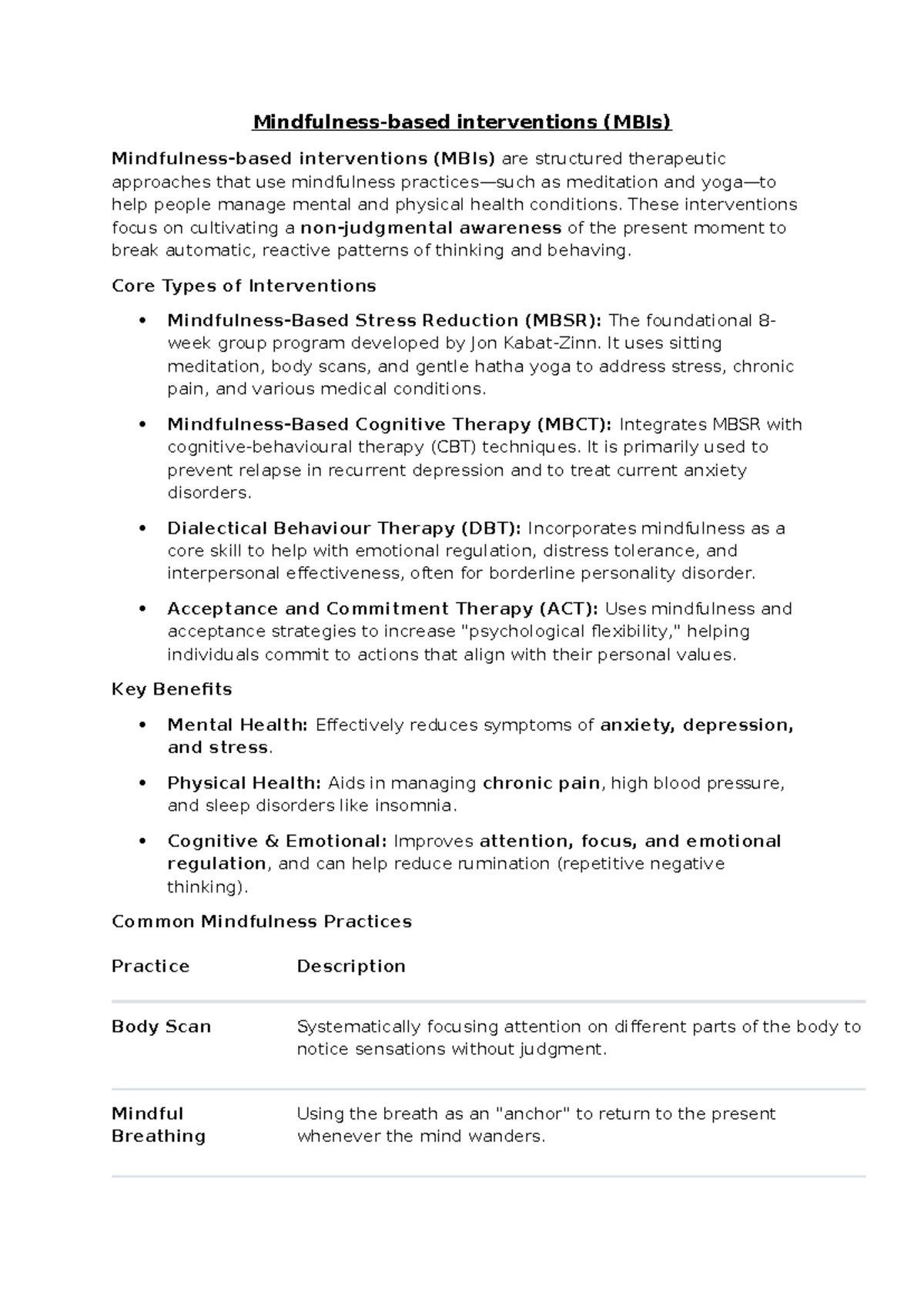 Mindfulness-Based Interventions (MBIs): Overview and Benefits - Studocu