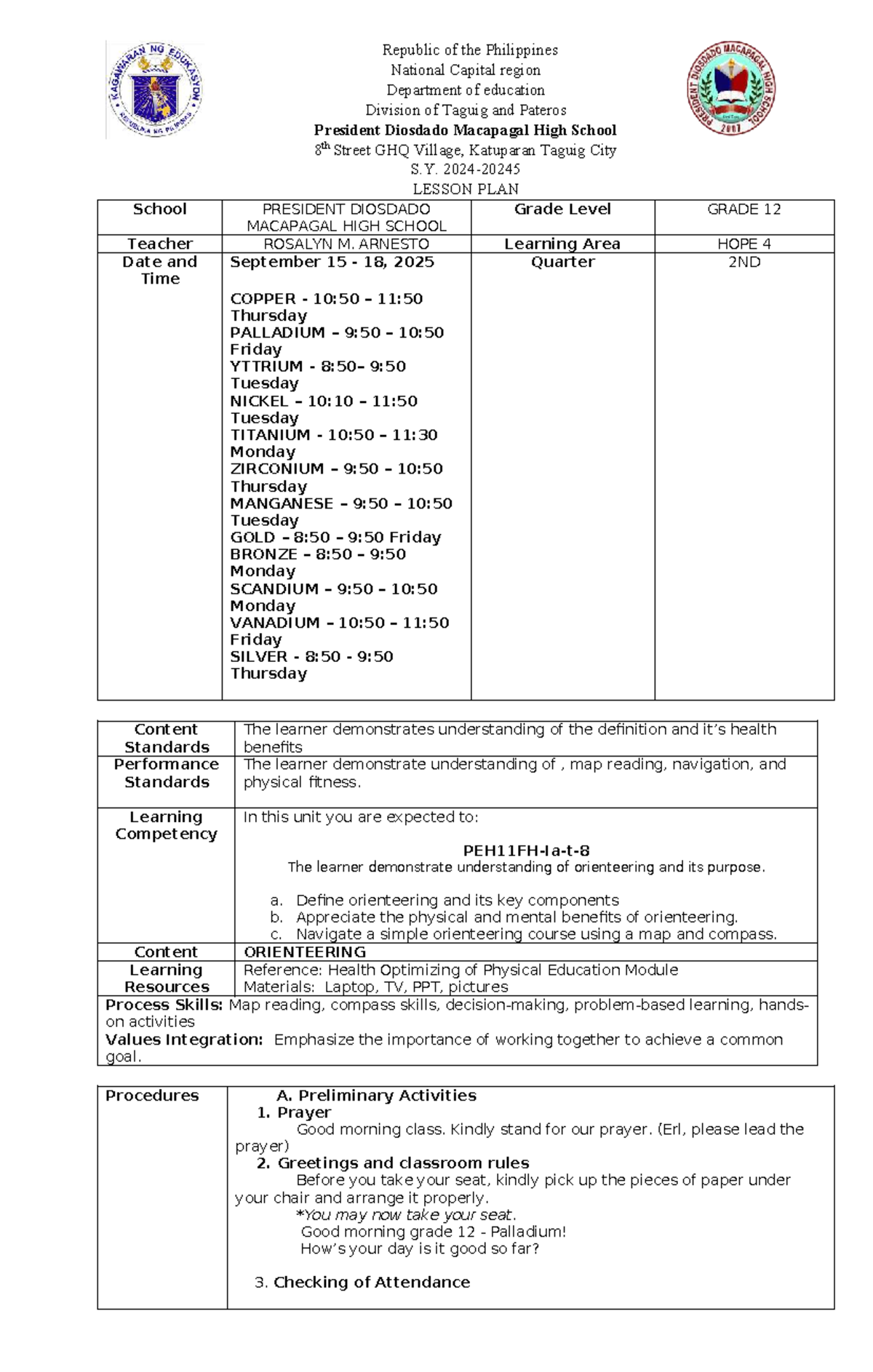 HOPE G12 Lesson Plan: Orienteering & Health Benefits - Studocu