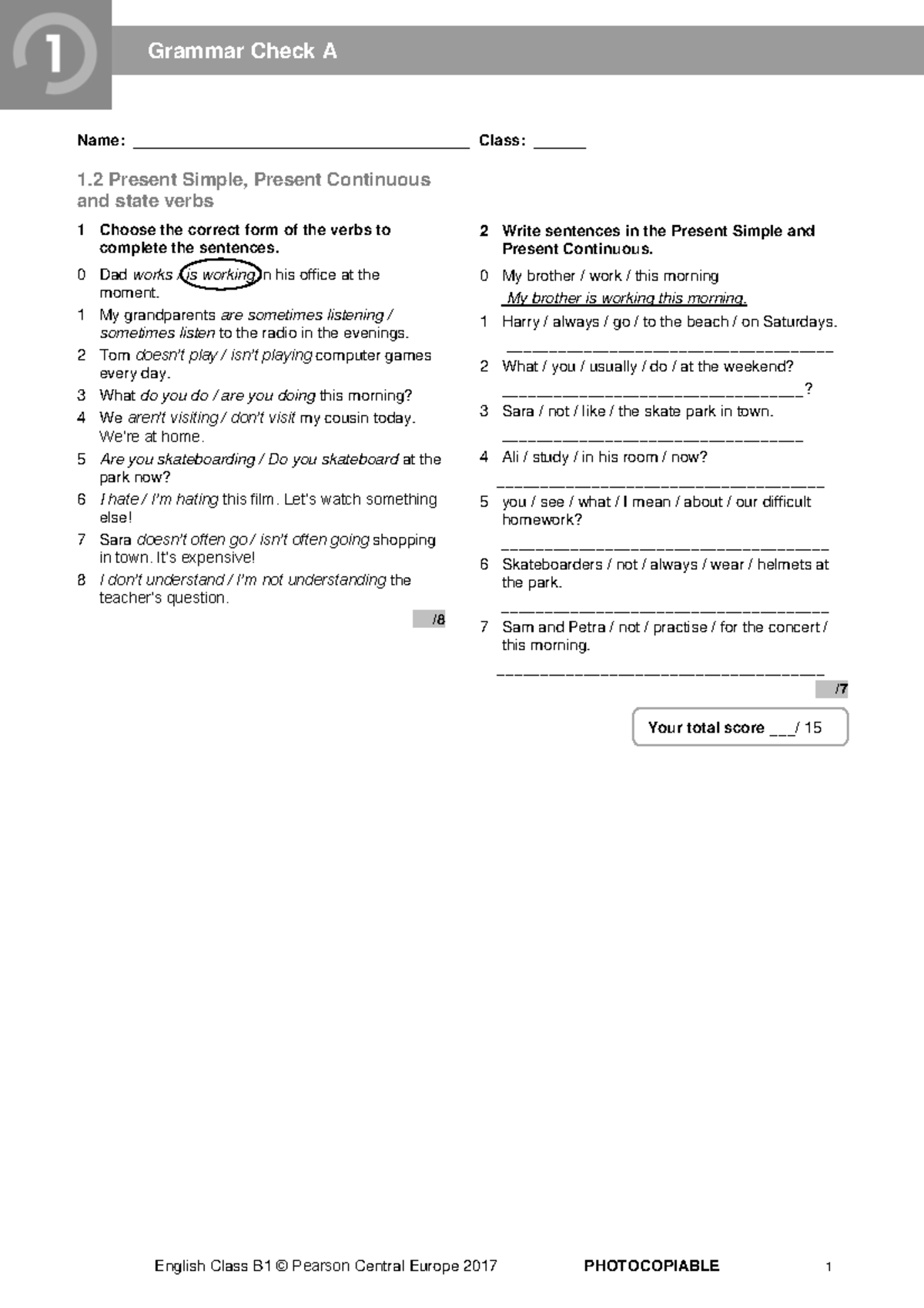 ECB1 Grammar Check: Present Simple & Continuous Exercises - Studocu