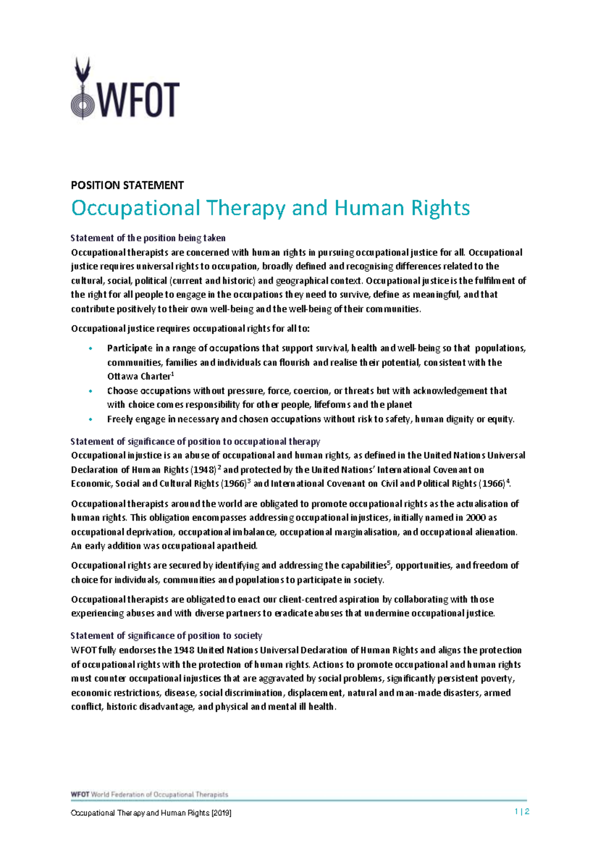 WFOT 2019 - Position Statement on Occupational Therapy & Human Rights ...