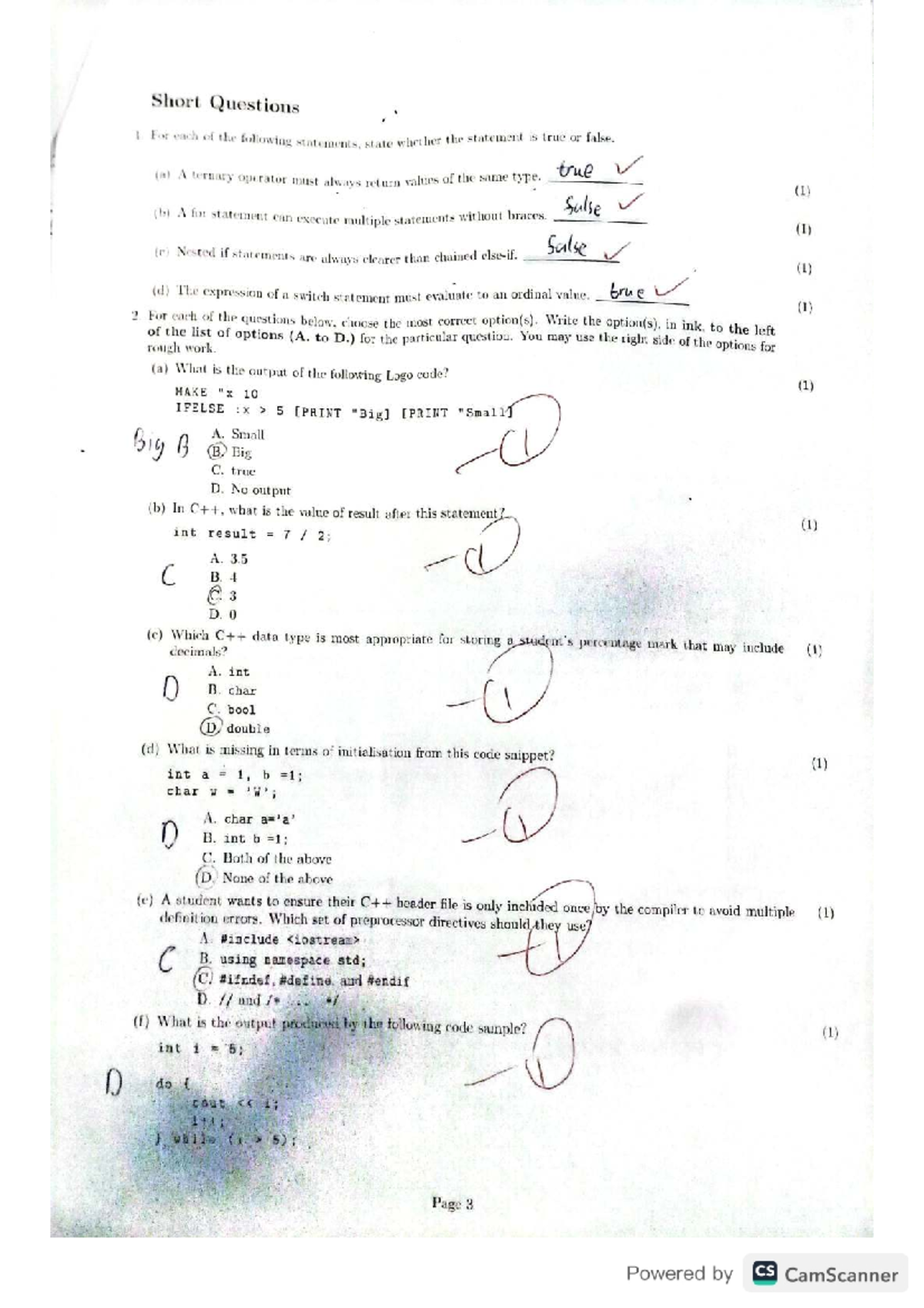 COS 132 Semester Test 1: Short Questions and True/False Statements ...