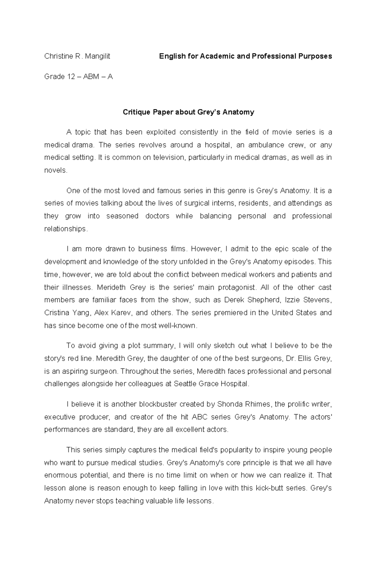 Critique Paper (Christine R. Mangilit) - Christine R. Mangilit English ...