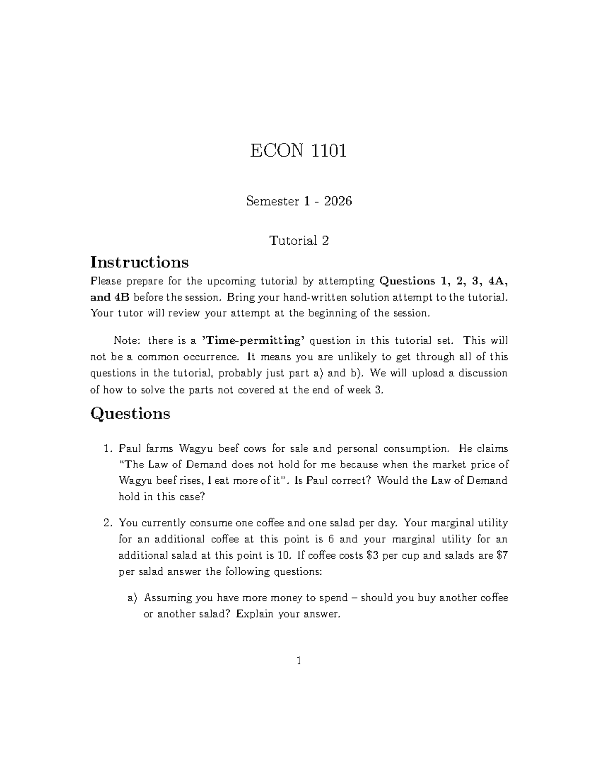 ECON 1101 Semester 1 2026 Tutorial 2 Questions and Instructions - Studocu