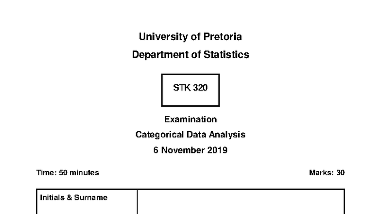 Exam Memo for Categorical Data Analysis - STK 320 (2019) - Studocu