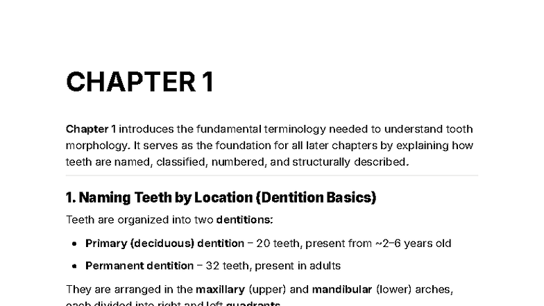 CHAPTER 1: Summary Notes on Tooth Morphology and Terminology - Studocu