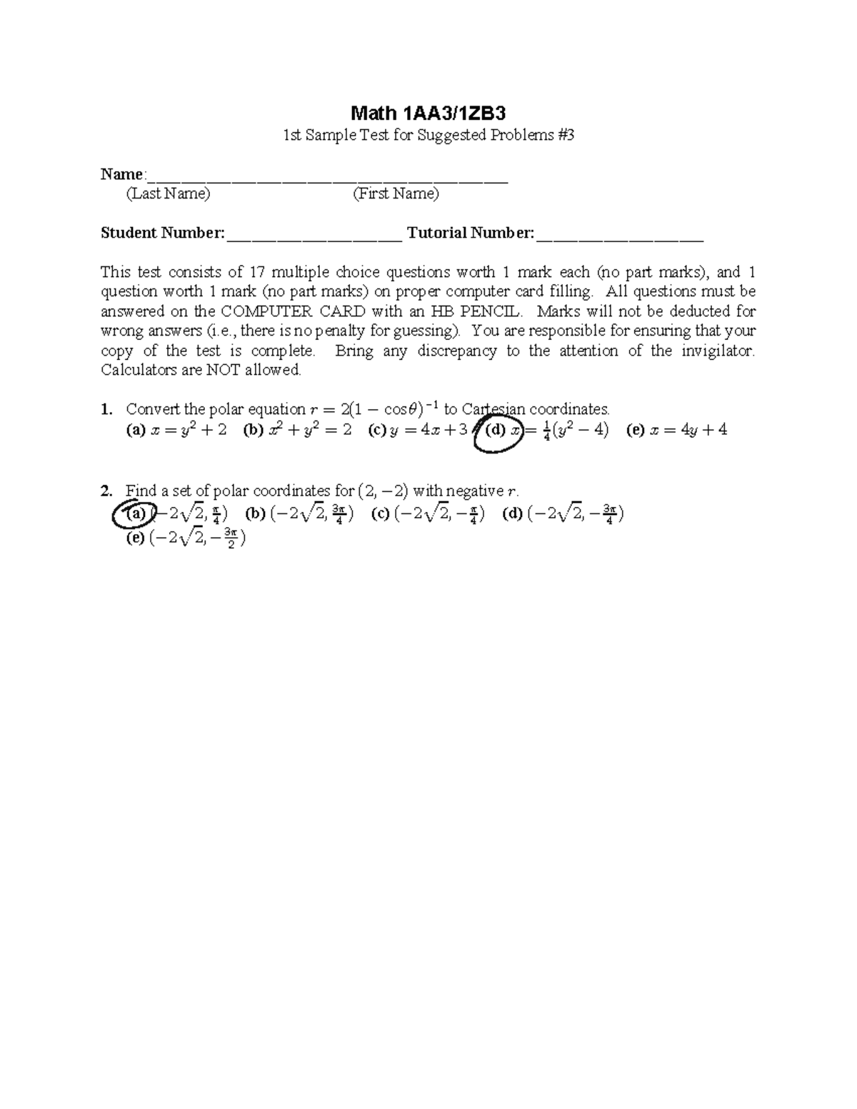 Math 1st and 2nd sample tests for suggested problems - Studocu