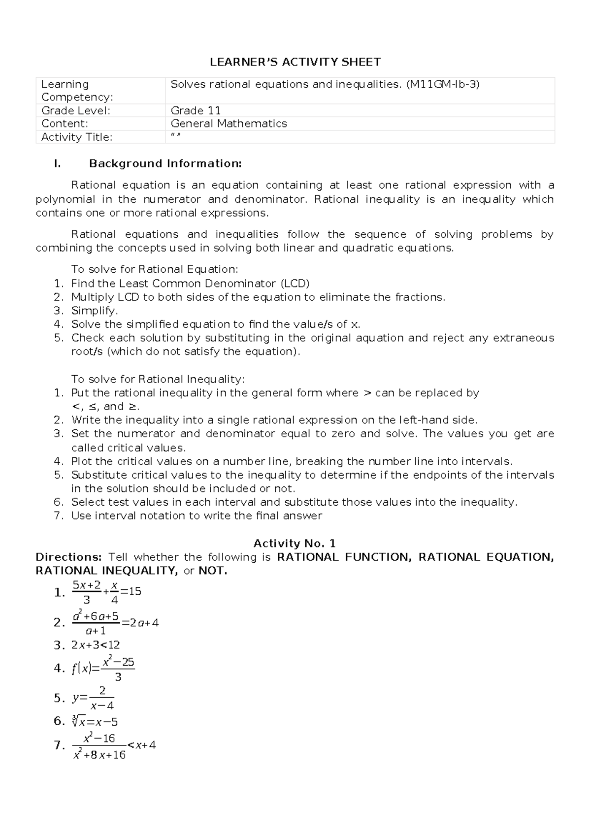 Activity Sheet: Rational Functions, Equations & Inequalities - Grade 11 ...