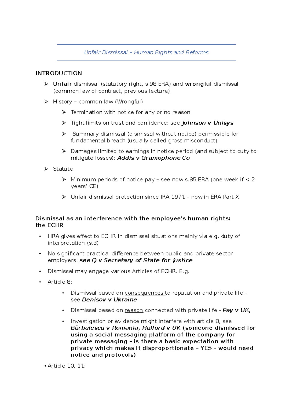 Unfair Dismissal and ECHR: Key Insights and Legal Reforms - Studocu