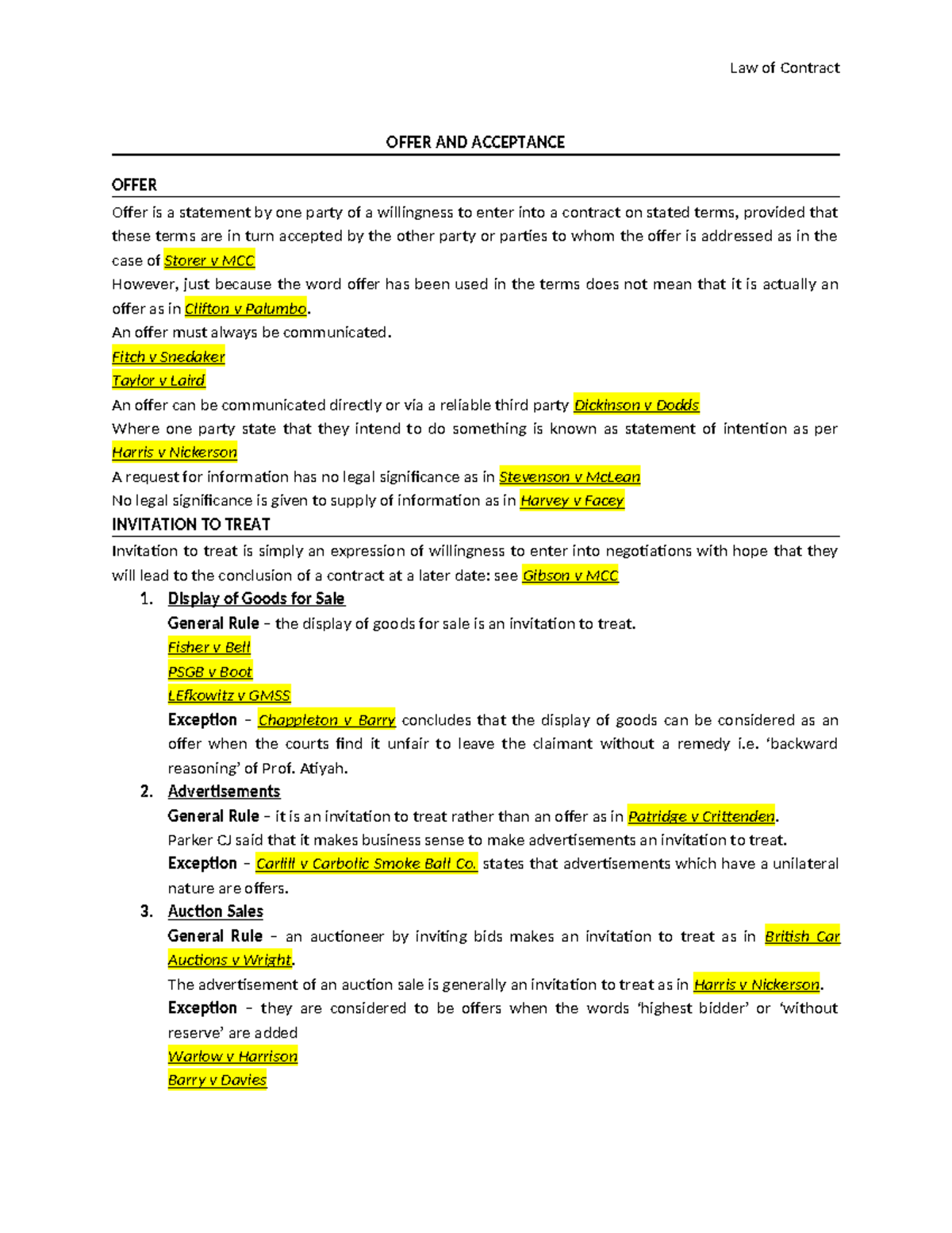 Law 101 - Offer and Acceptance Lecture Notes - Studocu