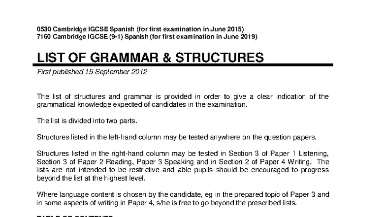 0530/7160 IGCSE Spanish Grammar Structures Overview - Studocu