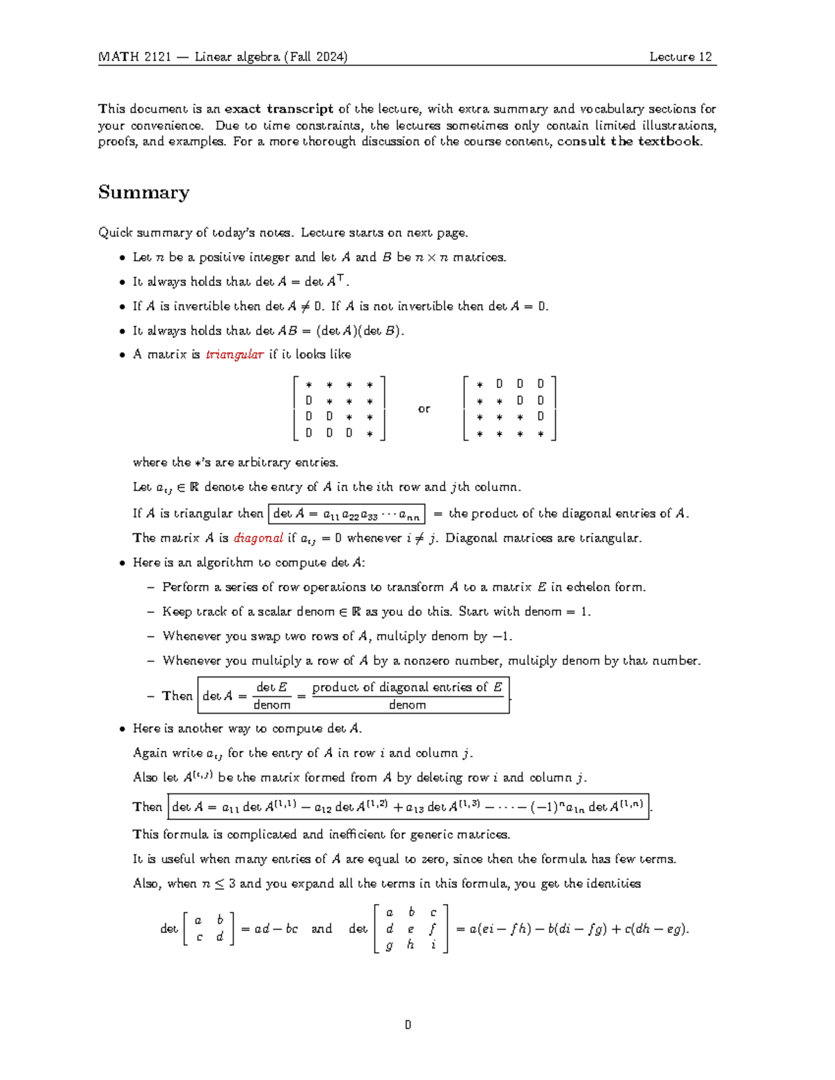 MATH 2121 Linear Algebra (Fall 2024) Lecture 12: Determinants Explained ...