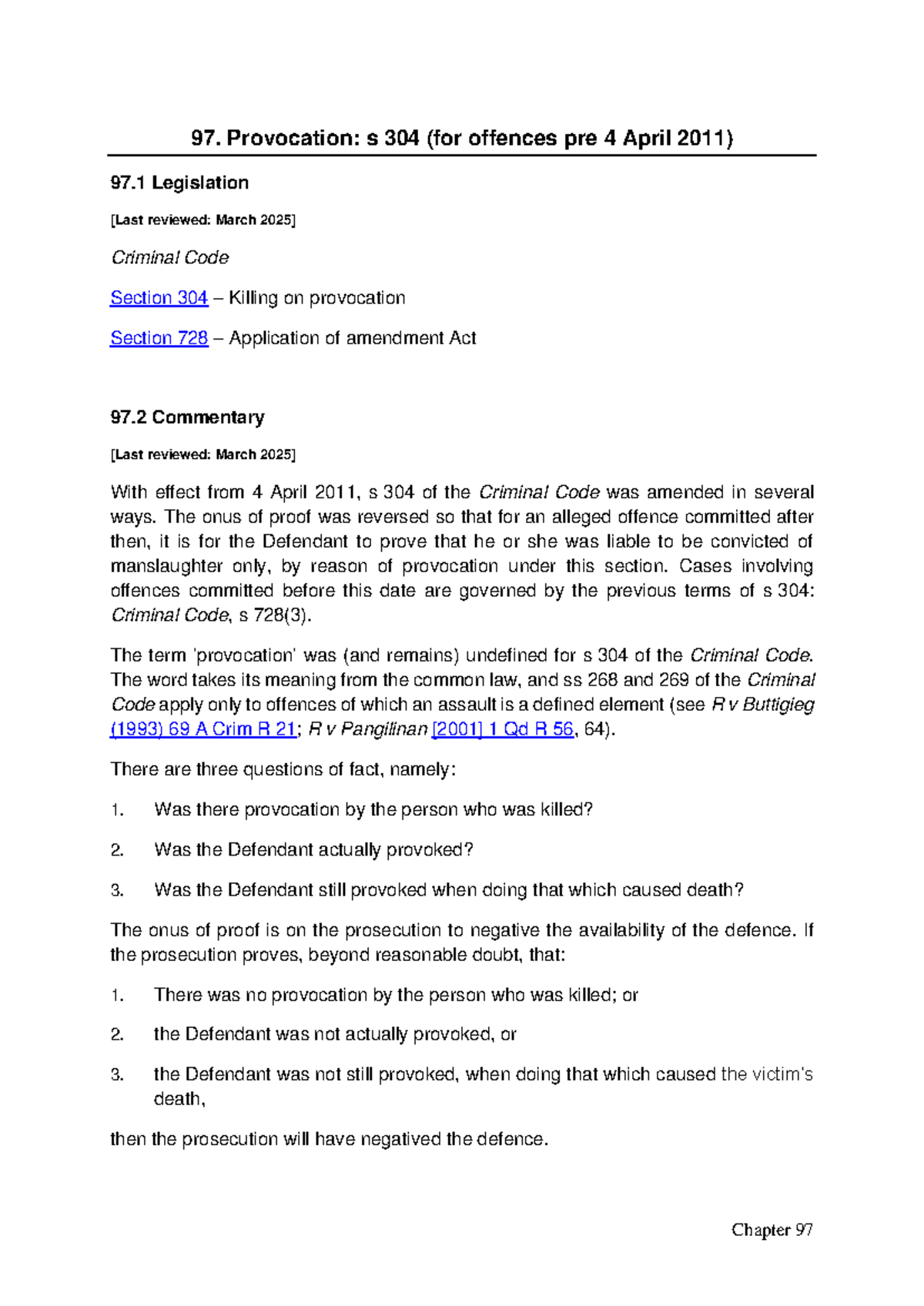 Benchbook on Provocation: Criminal Code s 304 (Pre-4 April 2011) - Studocu