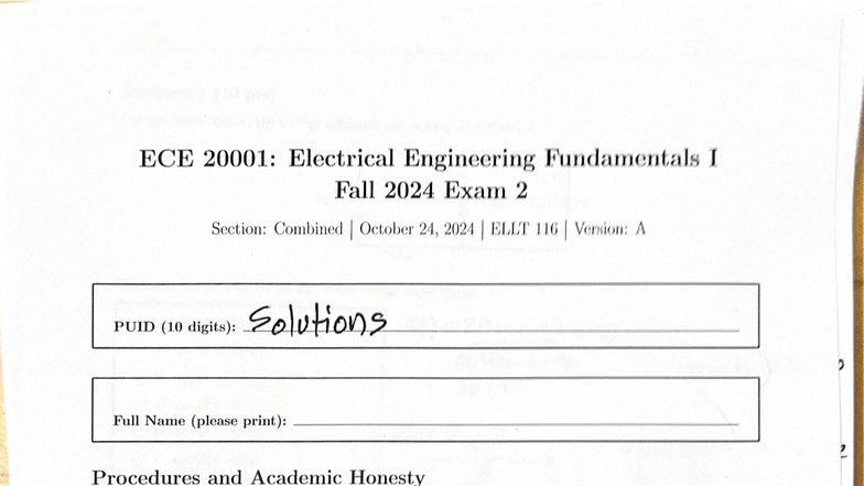 ECE 202 Electrical Engineering Fundamentals I Fall 2024 Exam 2 ...