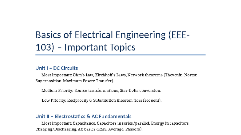 EEE Important Topics: DC Circuits, AC Fundamentals & Machines - Studocu