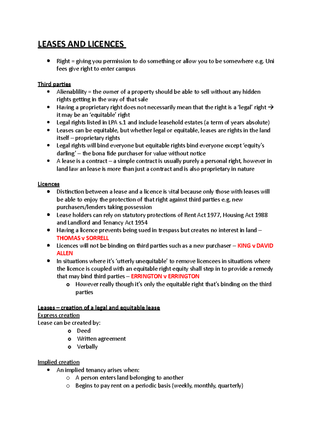 Leases and Licences Notes - Property Law Study Guide (LPA 1925) - Studocu