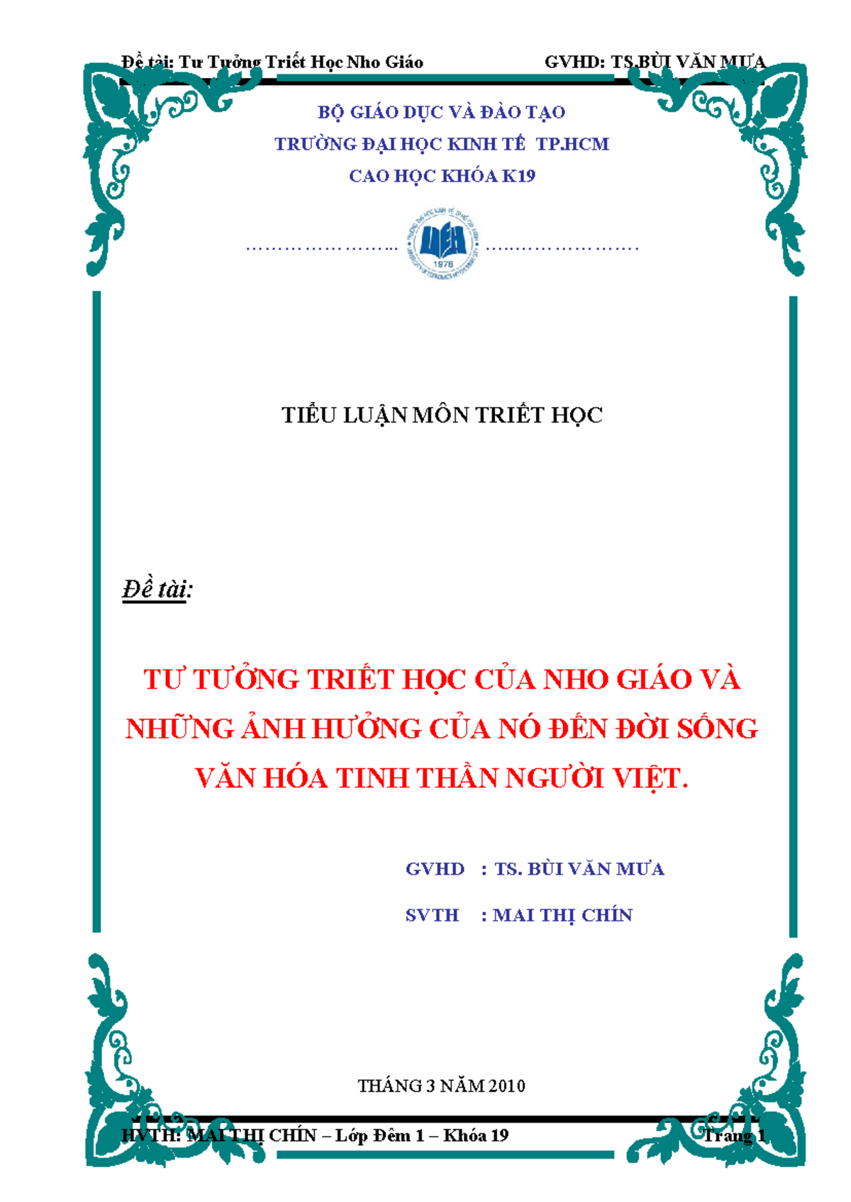 Tiểu luận - Tư tưởng triết học Nho giáo và ảnh hưởng văn hóa VN (Môn ...