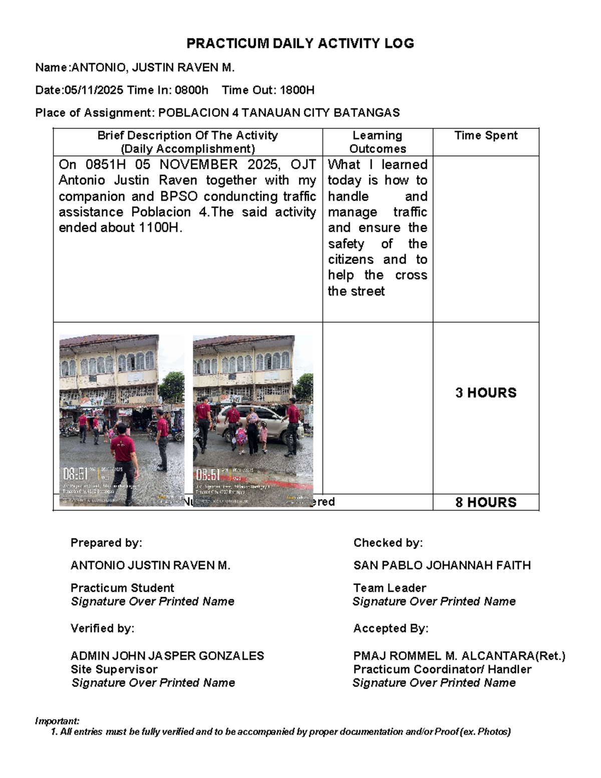 PRACTICUM DAILY ACTIVITY LOG - ANTONIO JUSTIN RAVEN M. - Studocu