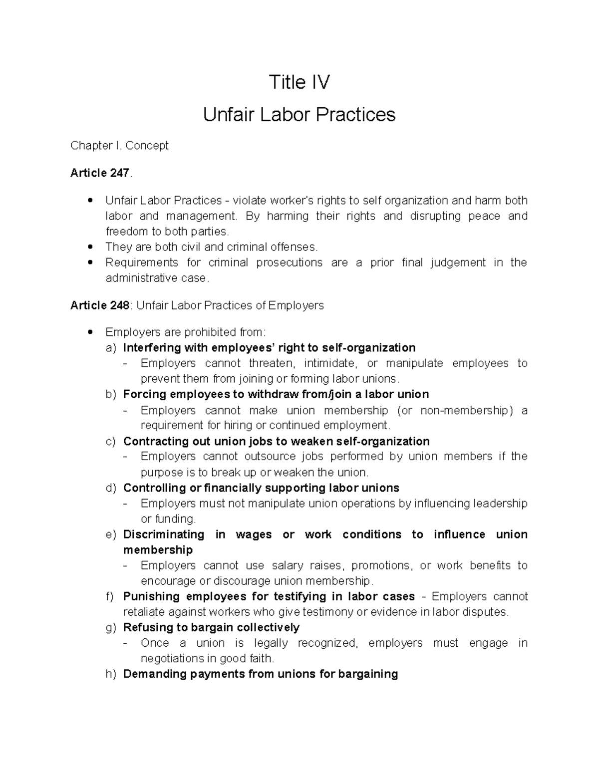 Title IV - Summary of Unfair Labor Practices and Employer Restrictions ...