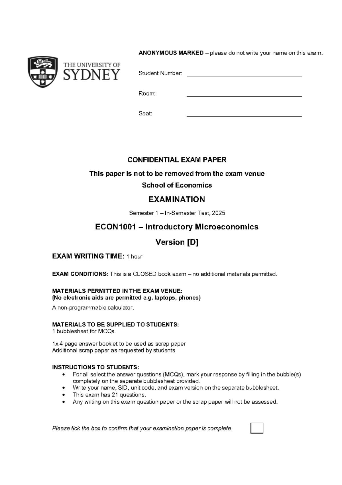 ECON1001 Final Exam Paper - Introductory Microeconomics 2025 - Studocu
