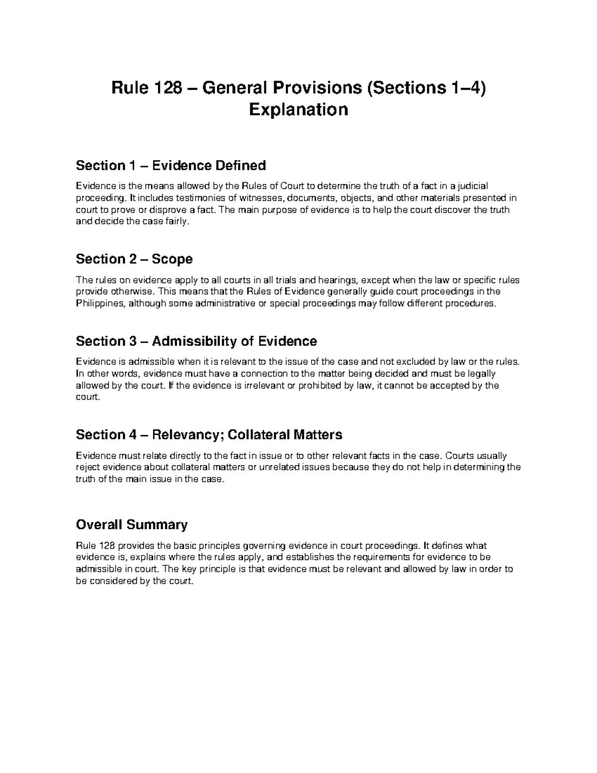 Rule 128: Explanation of General Provisions on Evidence - Studocu