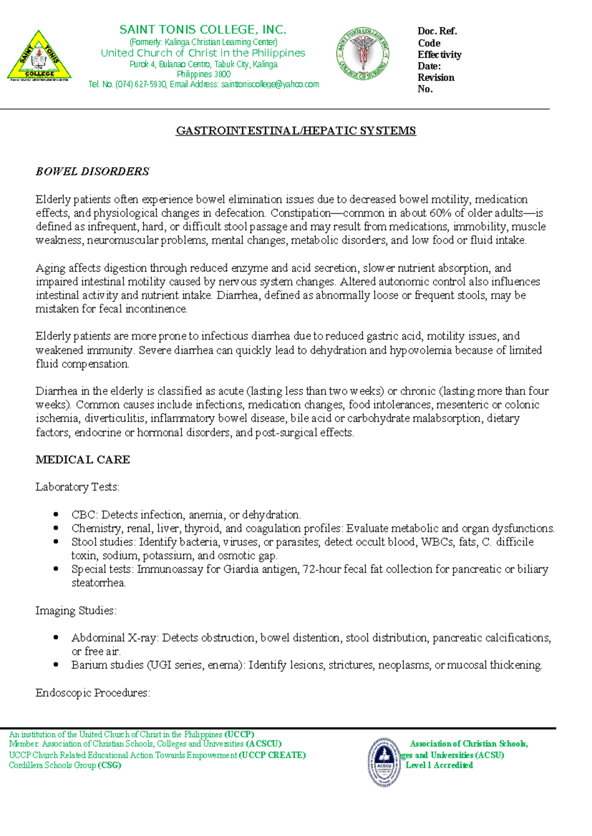 SAINT TONIS COLLEGE, INC. GI and Hepatic Disorders in the Elderly - Studocu
