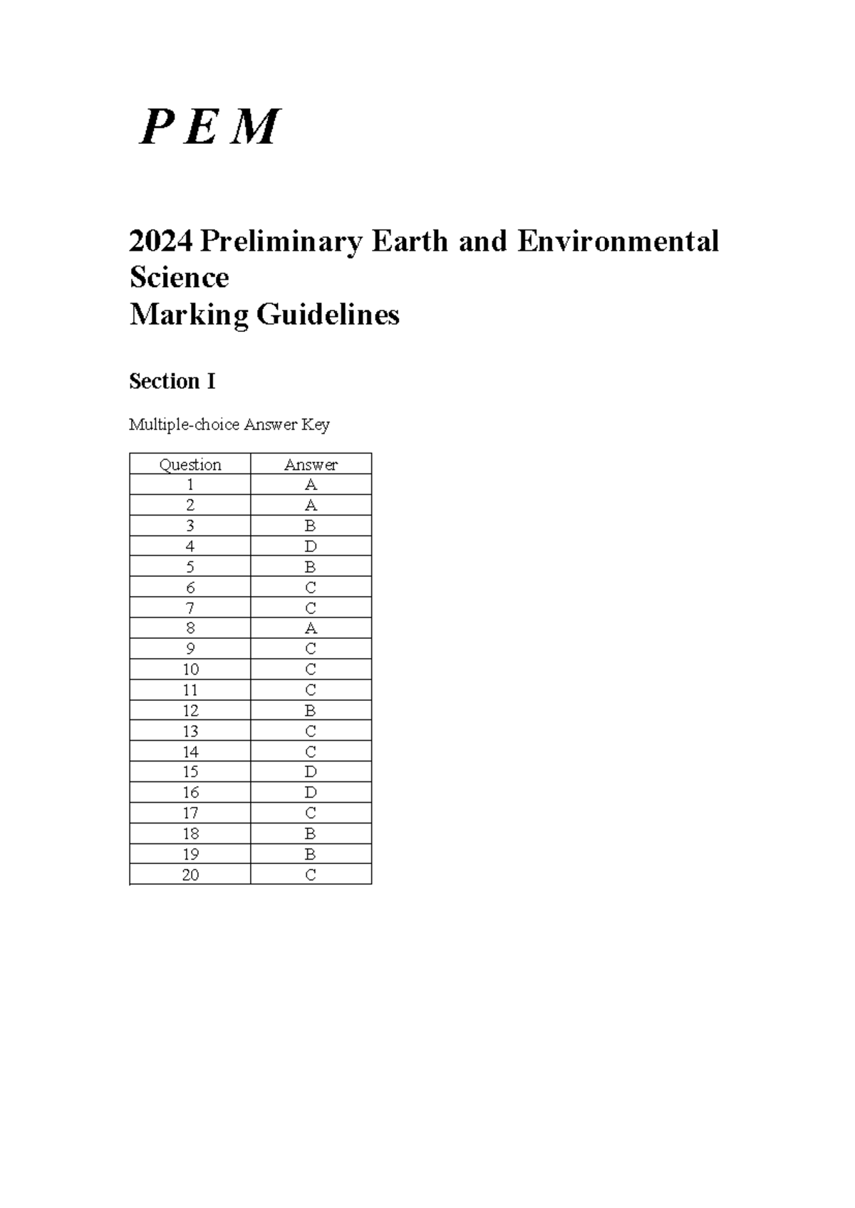 PEM 2024 EES Preliminary Marking Guidelines and Answer Key - Studocu