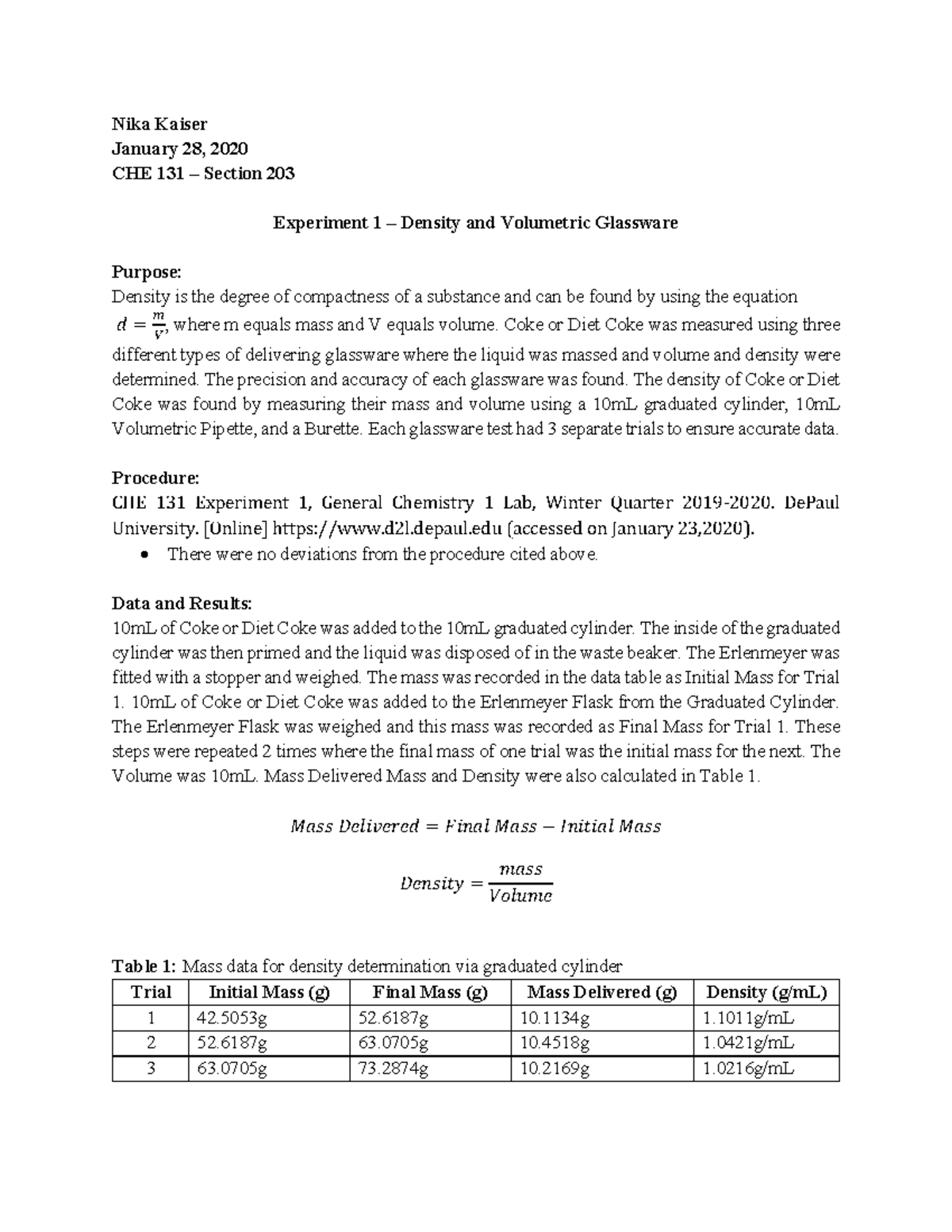 CHE 131 Density Lab Report: Measuring Accuracy with Glassware - Studocu