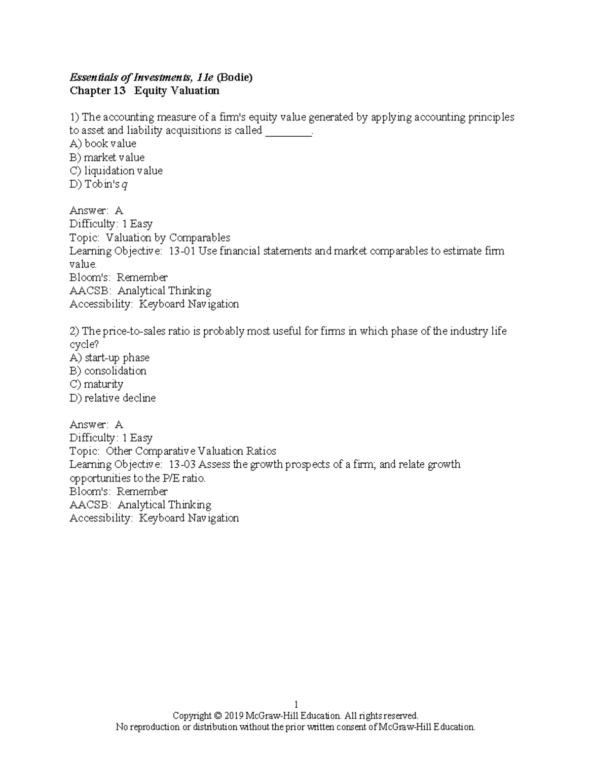 투자론 TB CH13 - Equity Valuation Practice Test - Studocu