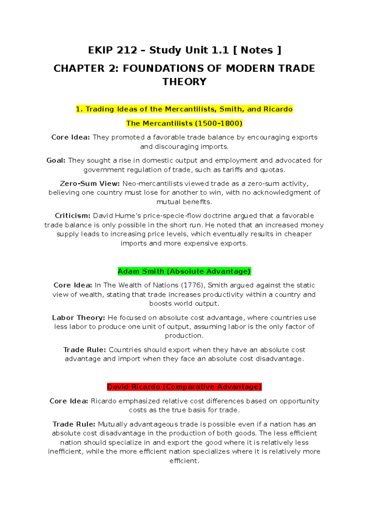 EKIP 212 Study Unit 1.1 Notes: Foundations of Modern Trade Theory - Studocu