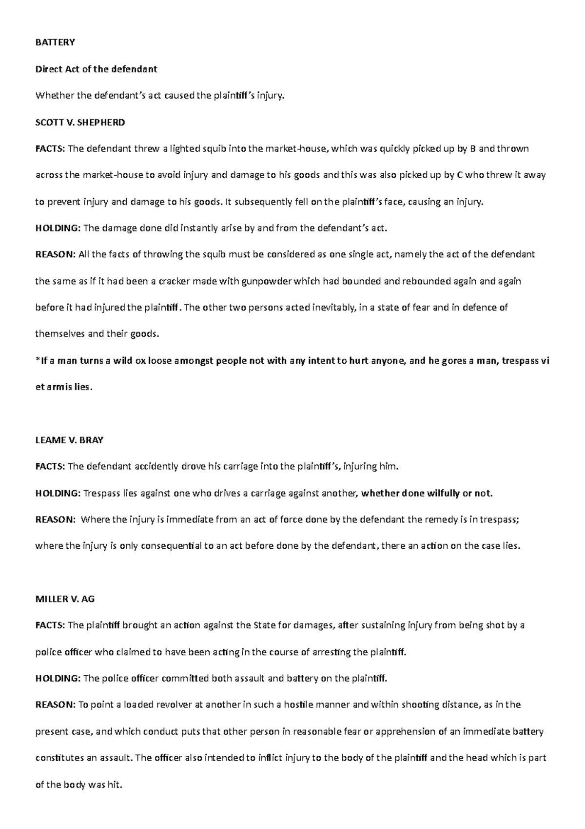 Torts Cases 1 - Tort notes - BATTERY Direct Act of the defendant ...