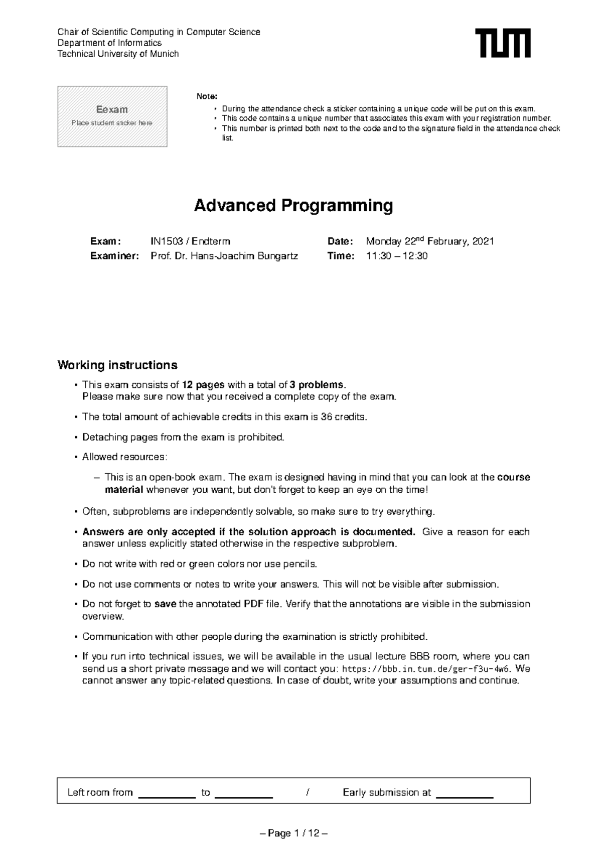 Advanced Programming Exam IN1503: Endterm Instructions & Problems - Studocu