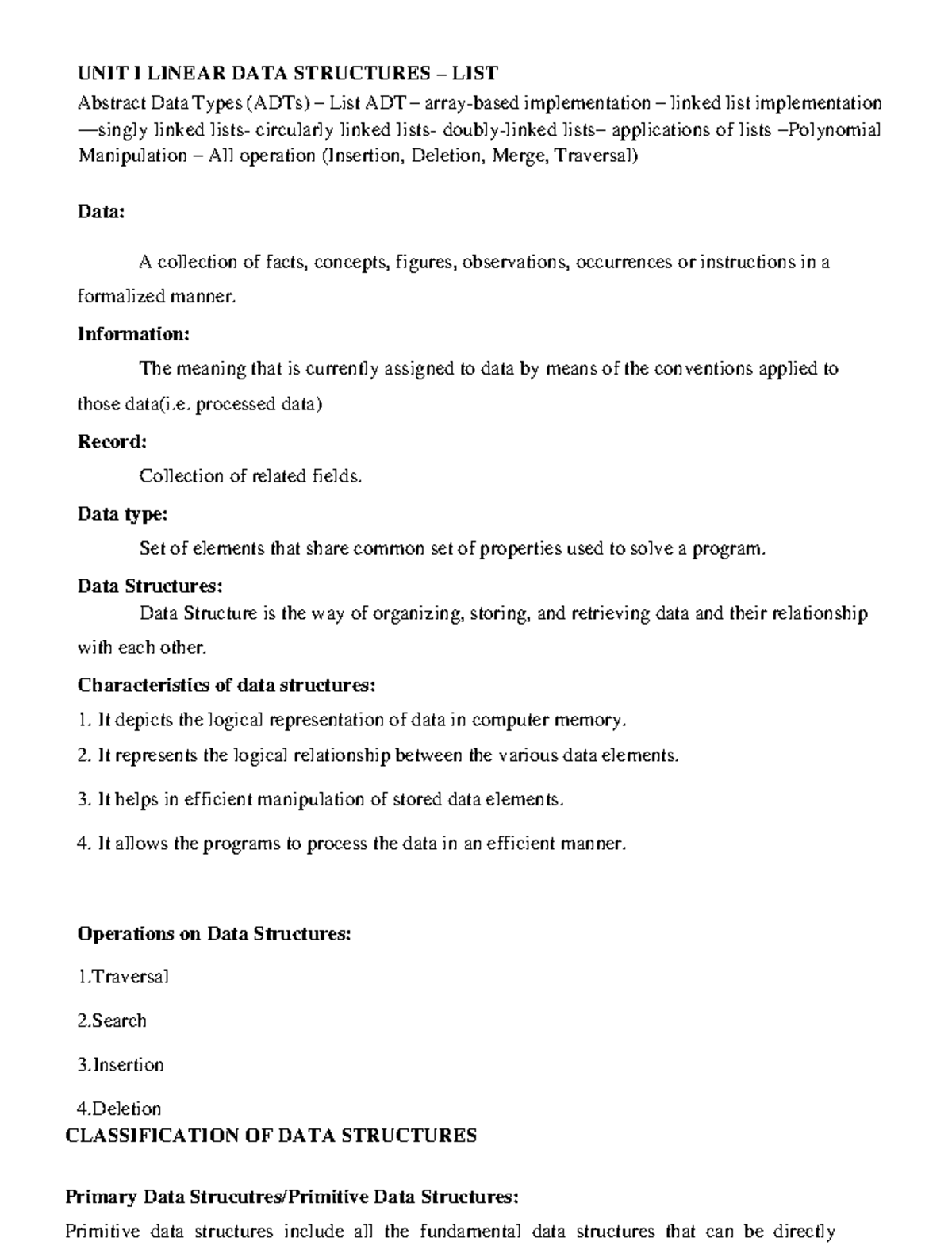 Data structure unit 1 lecture notes - UNIT I LINEAR DATA STRUCTURES ...