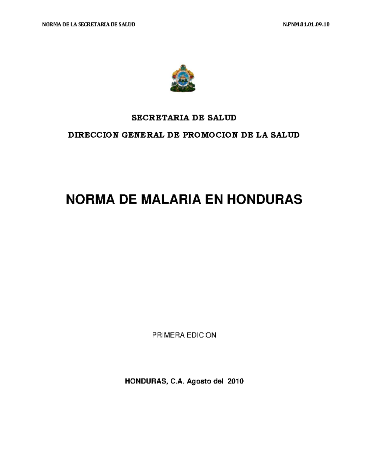 Normativa de Malaria en Honduras — Primera Edición 2010 - Document Preview