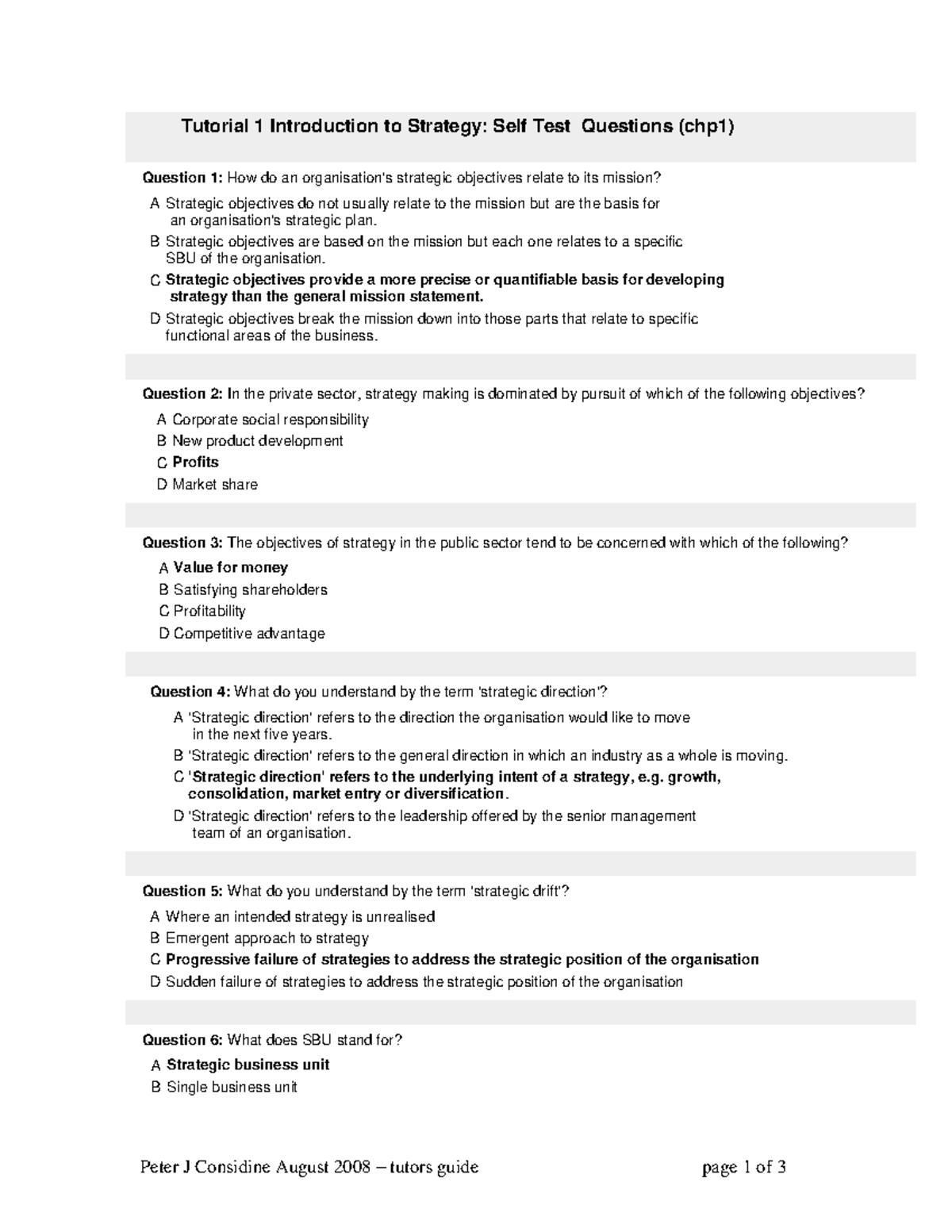 Practical - Self test weeks 1-3 - Tutorial 1 Introduction to Strategy ...