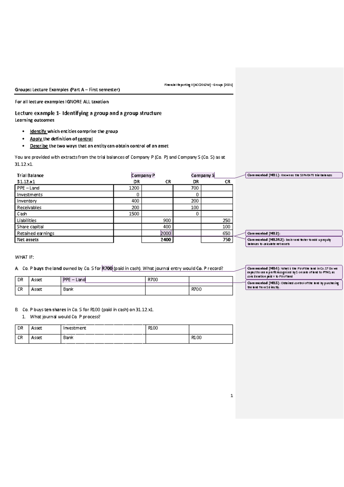 Part A Lecture: Group Accounting Examples & Solutions 2021 - Studocu