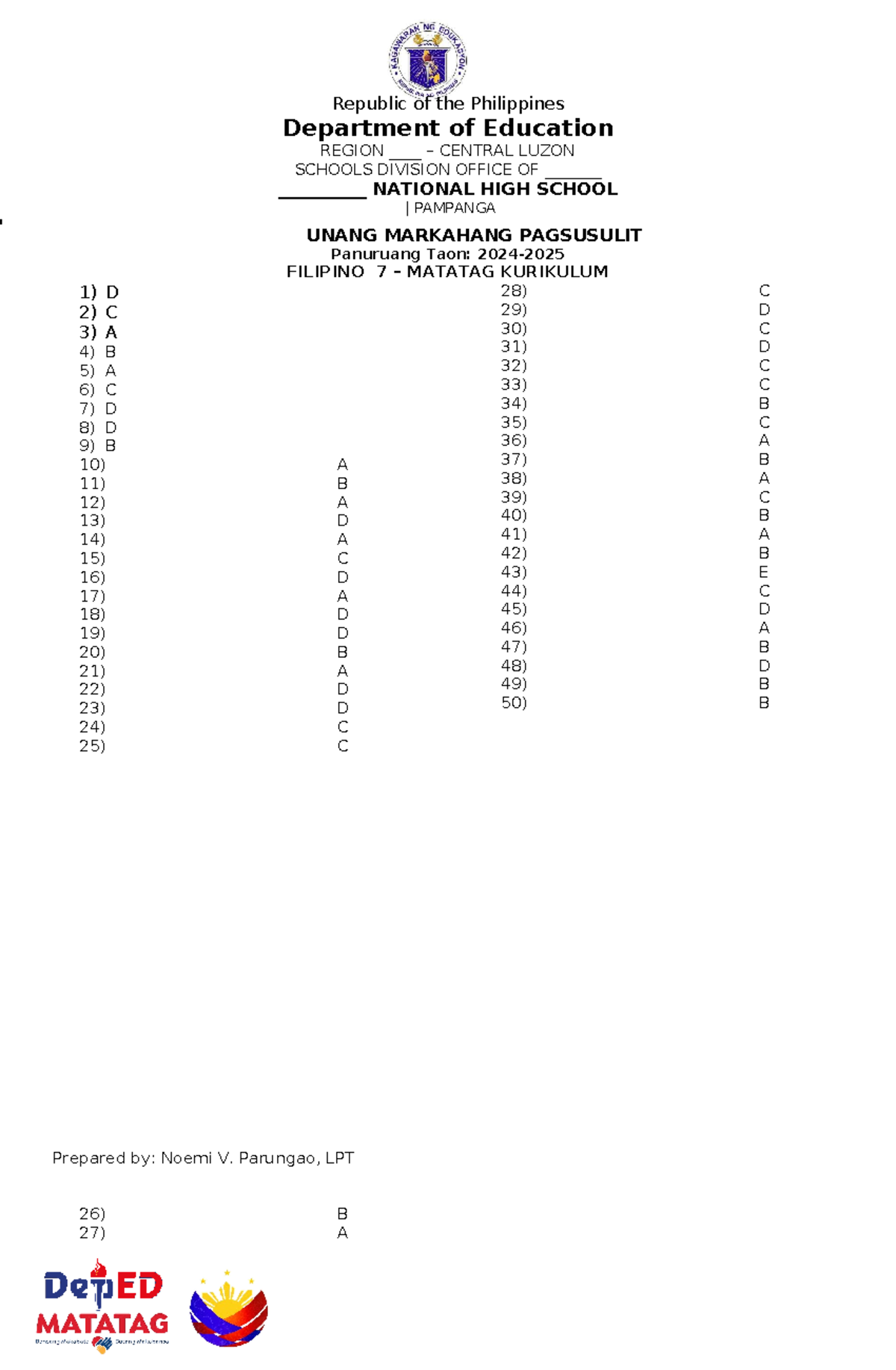 Answer KEY- Matatag-First Periodic Test- Filipino-7-SY24- 25 - Republic ...