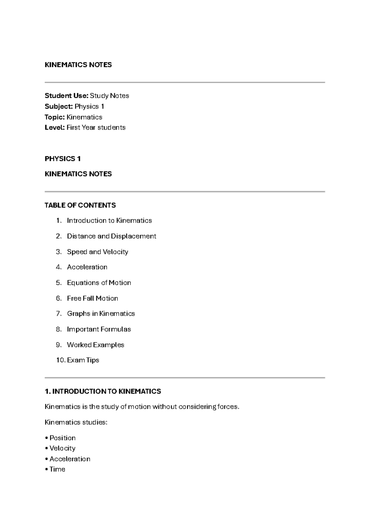 PHYSICS 1 KINEMATICS STUDY NOTES: FORMULAS & EXAMPLES - Studocu