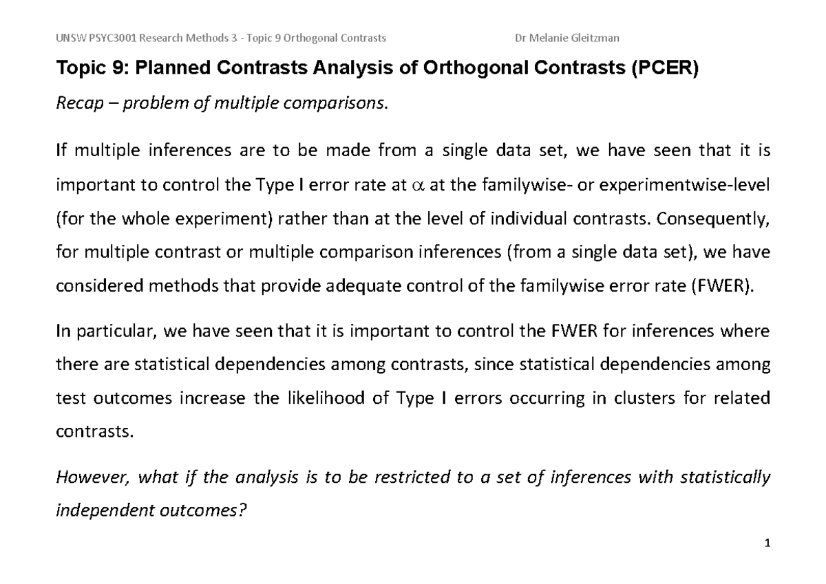 PSYC3001 Research Methods 3: Topic 9 Orthogonal Contrasts Overview ...
