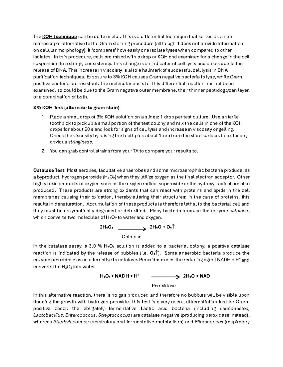 KOH and Catalase Tests: Lab Notes for Microbiology (BIO 101) - Studocu